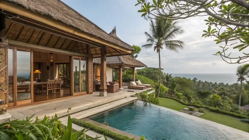 Bali villa terrace with an infinity pool overlooking the ocean